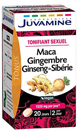 JUVAMINE Maca Gingembre et Ginseng de Sibérie, Tonifiant Sexuel, Tonus et Vigueur, Tonifiant, Stimulant, Programme de 20 jours, 40 Comprimés, Fabriqué en France