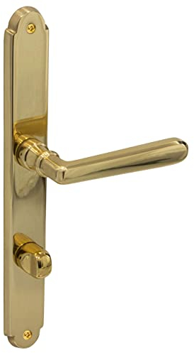 Langschild Drückergarnitur Türbeschlag Messing Türgriff - Modell Alt Wien | Messing poliert | WC - Badezimmer | Ö-Norm - Österreich | 1 Garnitur Zimmertür-Beschlag inkl. Befestigungsmaterial