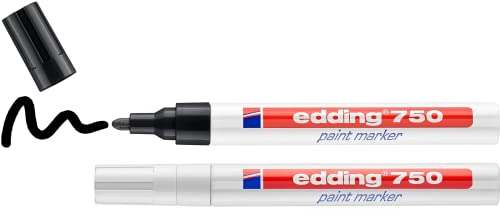 edding 750 Lackmarker - schwarz, weiß - 2 Stifte - Rundspitze 2-4 mm - Lackstift zur Markierung und Beschriftung von Metall, Glas, Stein oder Kunststoff - hitzebeständig, permanent, wischfest