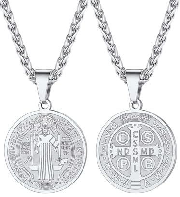 U7 Colgante Medalla San Benito Collar Hombre Plata con Catena Spiga 50+5cm