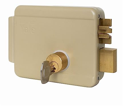 Elektrisches Schloss für Tore Art. 68080 mit Schnapper Schwingen von außen und von innen mit Schlüssel, A Abstand durch Impuls Elektro Niedervolt (10 W-12 V). Riegel mechanisch A 2 Umdrehungen angetrieben durch Schlüssel von E