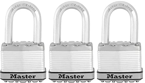 Master Lock M5EURTRILF Candado Seguridad Llaves Acero Laminado Exterior, Arco Medium, Adecuado para Portales, Garages, Sótanos, 50 mm, Set de 3 Piezas