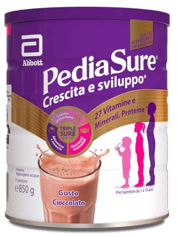 PEDIASURE Crescita e Sviluppo, Integratore Alimentare per Bambini da un anno in su, Multivitaminico con 27 Vitamine e Minerali e Proteine, Confezione 850g, gusto Cioccolato