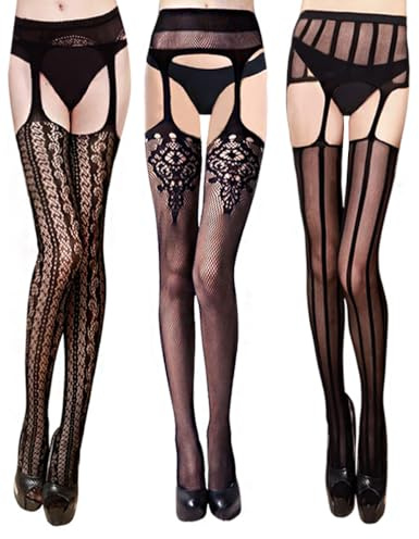 VERO MONTE 3 Pairs Suspender Fishnet Tights for Women Black Thigh High Stockings