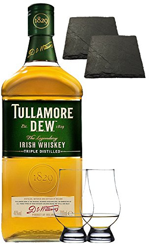 Tullamore Dew Blended Irish Whiskey 0,7 Liter + 2 Glencairn Gläser und 2 Schiefer Glasuntersetzer 9,5 cm