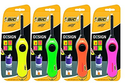 BIC 6cm extension wand Utility Lighter that lasts up to 750 lights, Assorted Colours, Pack of 4