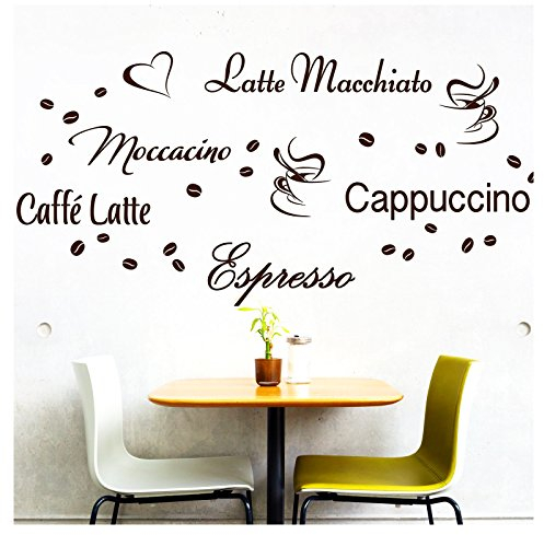 Wandora Wandtattoo Kaffee-Sorten I braun I Herz Kaffeetasse Kaffeebohnen Küche Esszimmer Sticker Aufkleber Wandaufkleber Wandsticker G006