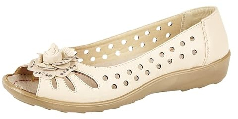 Boulevard Womens Wide Fit Leather Lined Open Peep Toe Flower Summer Shoes Beige 5
