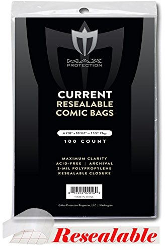 Max Protection Current Size Comic Book Bags 2 Mil - Resealable Archival Safe Design for Long-Term Storage - Crystal Clear Comic Book Protector 100 Pack