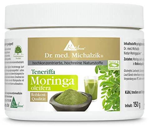 Moringa Pluver aus Teneriffa Dr. med. Michalzik - ROHKOST-QUALITÄT - | Tagesdosis [1-2 Teelöffel] | Natur-Moringa oleifera Pulver [4-8g] | ohne Zusatzstoffe - von BIOTIKON®
