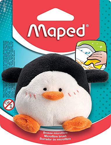Maped - Brosse Peluche Pingouin en Microfibre - Éponge Effaceur Ardoise - Brosse Tableau Blanc - Lavable en machine - à Partir de 3 ans