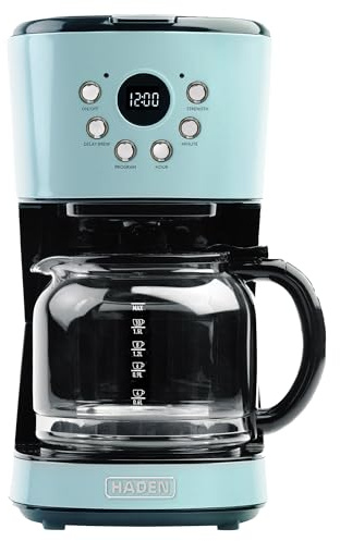 Haden Coffee Machine, 12 Cup Programmable Drip Coffee Maker with Auto Shut-Off Function and Reusable Washable Water Filter, Turquoise & Chrome