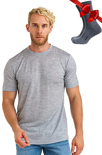 Merino.tech Merino Wool T Shirt Mens - Merino Wool Base Layer Men Undershirt Lightweight + Hiking Socks (Medium, Melange Grey)