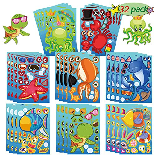 32 Sheets Make Your Own Ocean Animals Stickers for Kids Classroom DIY Art Craft Teacher Rewards Summer Party Favor Sticker for Birthday Gift Children Room Ocean Decorated