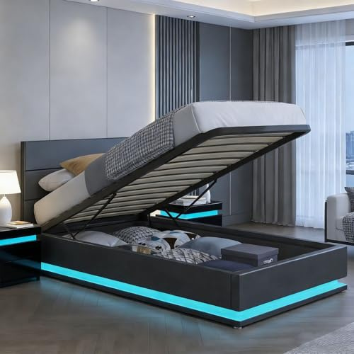 BESTWANTED Gas Lift Ottoman Storage Bed,3FT Single Bed Frame with Storage, Ottoman Bed with LED Lights, Faux Leather, Black