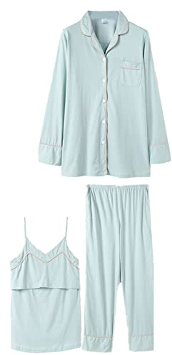 Ensemble Pyjama 3 PièCes pour Femme Tenues d'allaitement De Maternité en Coton à Manches Longues VêTements De Nuit De Grossesse Doux Et Confortables (Vert,L)