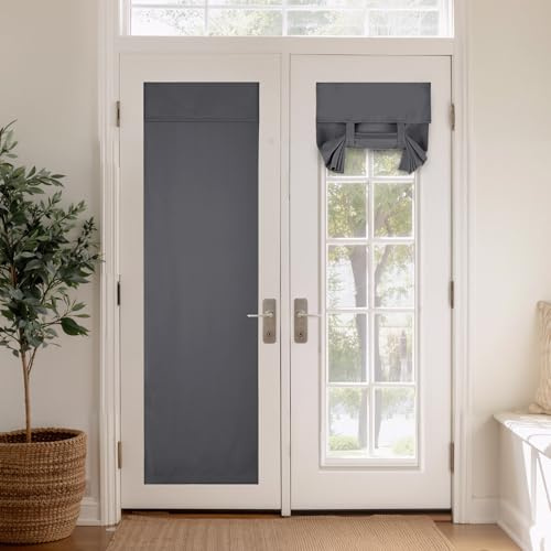PONY DANCE Blackout French Door Curtain – W30 x L40 inch Thermal Insulated Short Privacy Shade for Patio/Front Door/Sidelights, No-Drill Tie-Up Design, Grey, 1PC