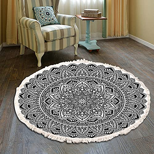 Vintage Boho Baumwolle Teppiche Mandala Muster Waschbar Handgewebte Böhmische Runder Teppich mit Quasten für Schlafzimmer Flur Wohnzimmer Couchtisch Fußmatten,Waschmaschinenfest,120CM Blumen #30