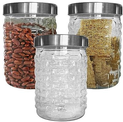 KANSY Plastic Storage Jars with screw top Silver lids - Food Storage Canisters Containers for Kitchen Use, Airtight Refillable BPA Free Round Clear, Hardware Store (750ml, Pack of 3)