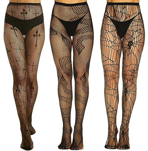 Yilanmy 3 Paar Halloween Strumpfhosen Schwarz Damen Muster Netzstrumpfhose Hohe Taille Fischnetz Strümpfe Totenkopf Netzstrümpfe für Damen (Schlange+Kreuz+Schädel)