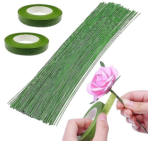 Woohome 200 Stück Floristikdraht Grün, 26 Gauge 60cm Blumenstieldraht und 2 Stück Floristenband für Strauß Stem Wrap Florist