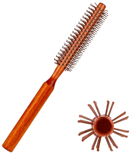 Small Round Brush for Blow Drying With Wooden Handle - Nylon Bristles Curling Comb for Wet Hair, Bangs, Beard, Styling, Lifting