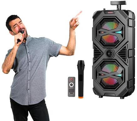 Avilia Cassa Karaoke Bluetooth Wireless con Microfono Integrato, Effetto Eco, Illuminazione LED Colorata - Casse Amplificate Portatili, Batteria 2400mAh, Perfetta per Feste ed Eventi