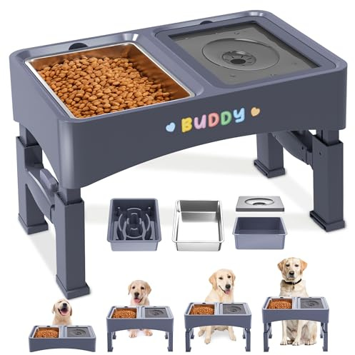 Decflow 3-in-1 Elevated Dog Bowls, 4 Height Adjustable Raised Dog Bowl with Stainless Steel Food Bowl, Slow Feeder, No Spill Water Bowls for Medium Large Dogs