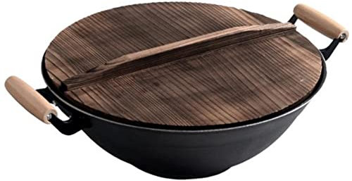 AuLYn Wok Cooking pan, Cast Iron Cookware with Wooden Lid 16inch,Iron Wok for Cooking with 2 Wooden Handle,Cast Wok Frying pan Pot