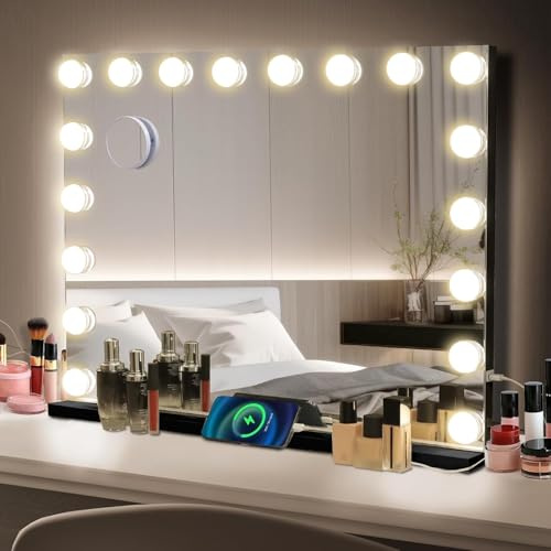 eklipt Schminkspiegel mit Beleuchtung 80x60cm Hollywood Spiegel mit Beleuchtung Kosmetikspiegel 18 LED Licht 3 Lichtfarben mit USB 10X Vergrößerung Touch Control Tischplatte (18LED-Schwarz)
