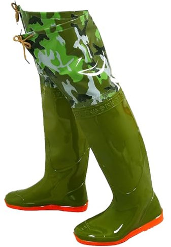 KPHYMOD Watstiefel Wathosen Für Fliegenfischen Für Damen Und Herren, Watstiefel In Grünem Camouflage-Muster, Wasserdichter Stiefelfuß Aus PVC Mit Profilsohle(40 EU)