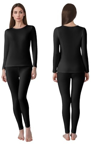 Channo Intimo Termico Donna Completo: Maglia a Maniche Lunghe e Pantaloni Comodi Morbidi Traspiranti con Fodera in Pile Ideali per l'inverno (Nero M)
