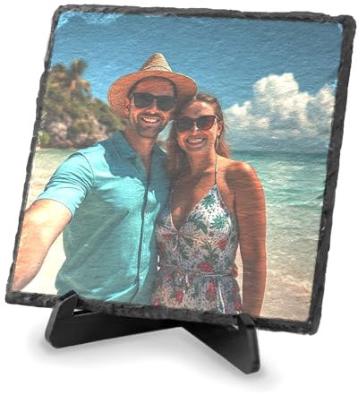 Personalised Photo Slate Plaque - Custom Printed 10cm x 10cm Image on Natural Rock with Display Stand - Unique Gift for Wedding, Memorial, Birthday or Anniversary