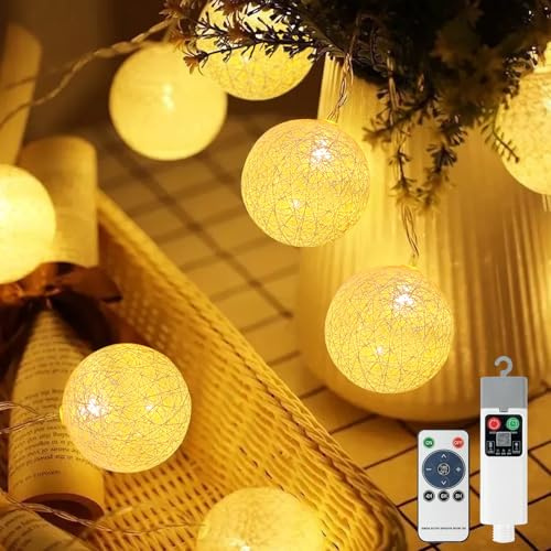 Ayciep Guirnalda de luces de bolas de algodón, batería recargable con controlador, 3 m, 20 bolas de algodón, 8 modos de iluminación, blanco cálido, función de temporización, interior y exterior