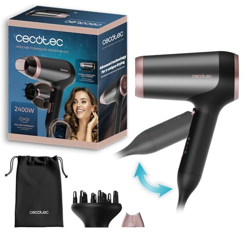 Cecotec Secador de Pelo Plegable IoniCare Power&Travel Black. 2400W, Motor DC, Tecnología de Iones Reales, Compacto, Aire Frío, Incluye Difusor, Boquilla Concentradora y Bolsa de Transporte