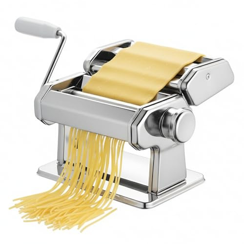 Stainless Steel Pasta Maker Machine with Adjustable Double Cutter, Manual Pasta Roller with 9 Thickness Settings, Clamp & Crank Handle for Spaghetti Fettuccini Lasagna Dumpling Skins