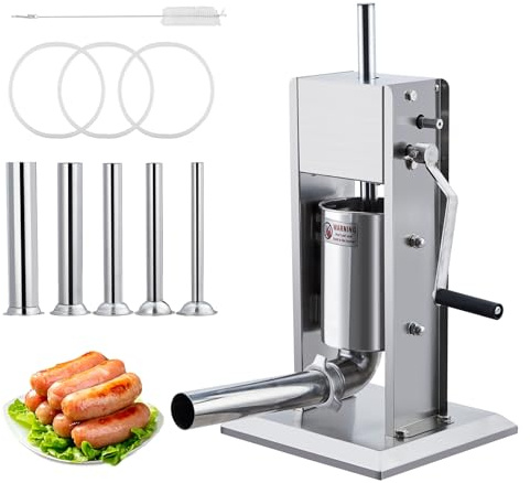 Wurstfüller,3L Edelstahl Industrie Wurstfüllmaschine,Fleischfüller Mit Zwei Geschwindigkeiten,Edelstahl Wurstfüller Mit 5 Füllrohren, Ideal Geeignet Für Den Gewerblichen Und Privaten Gebrauch
