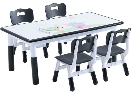 XNKL Kids Table and 4 Chairs Set, Height Adjustable Toddler Table and Chair Set, Toddler Desk with Graffiti Desktop & Non-Slip Legs, Children Activity Table for Daycare, Classroom (Black)