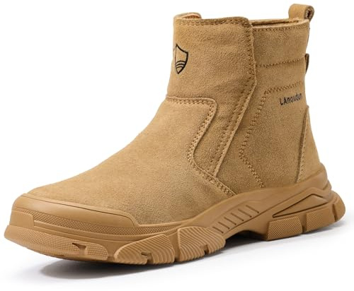 GLANOUDUN Welding Work Boots for Men Steel Toe Safety Boots with Zipper Laceless Mid Top Kevlar Puncture Resistant Industrial Construction Footwear Brown
