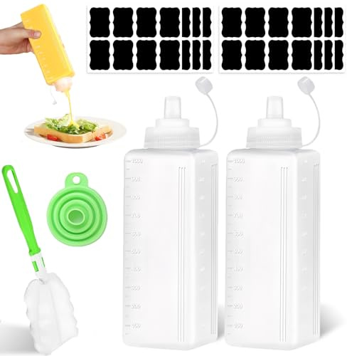 2 Pezzi di Bottiglia in Plastica da Spremere da 1000 ml, Bottiglia Squeeze con Tappi, Senza Perdite, Grande Bottiglia per Salse con Spazzola, Imbuto e Etichette Autoadesive, per Cucinare, Salse