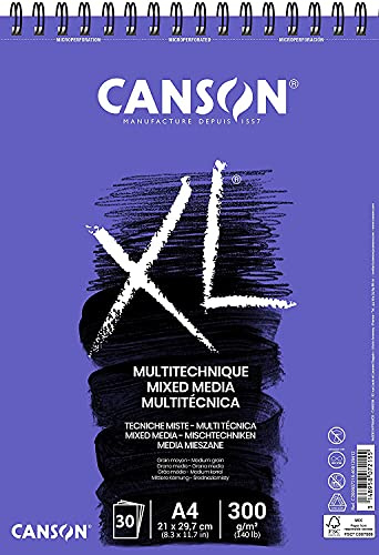 Canson XL Textured, Papel Mixed Media, Grano medio, 300g, Espiralados sobre el lado corto, A4-21x29,7cm, Blanco, 30 Hojas