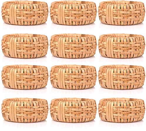 ALPHA Living HOME Natural Rattan Napkin Rings Set of 12 - Handcrafted Cane Serviette Holders for Table Decor, Weddings, Parties, Dinners, Rustic Boho Style Napkin Rings Set (Brown)
