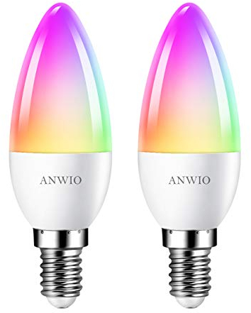 ANWIO Lampadina Alexa, Lampadina Smart,5W Equivalenti a 40W,470Lm,C37,Lampada Smart Wifi E14 con Telecomando Compatibile con Alexa, Echo and Google Assistant, RGB Intelligente Dimmerabile,2 Pcs