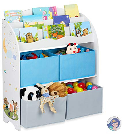 Relaxdays Kinderregal, 4 Boxen, Lagerfeuer Motiv, Spielzeug Aufbewahrung, Kinderzimmer Regal HBT 98 x 82,5 x 30 cm, bunt, 1 Stück