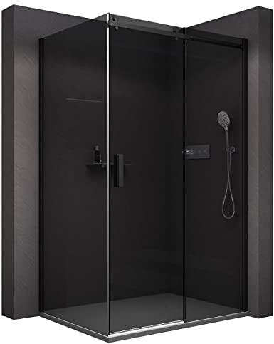 BERNSTEIN Duschkabine mit Schiebetür 110x90 cm Duschabtrennung NT806 FLEX 8mm ESG-Glas Graues Glas Eckdusche Nano beschichtete Duschwand Echtglas-Dusche, Profilfarbe Schwarz matt
