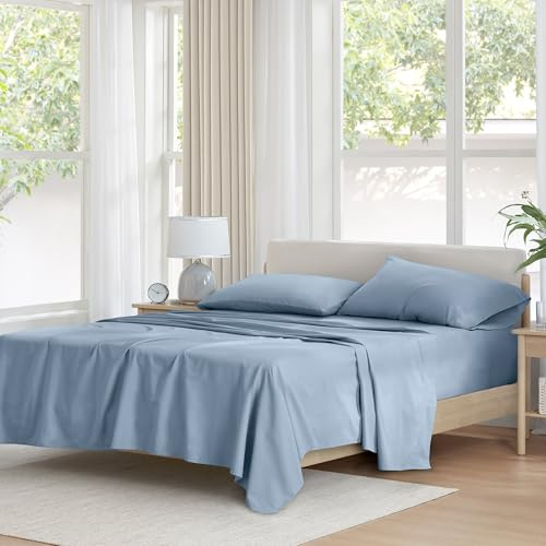 Komfortutrymmen 100% bomullslakanset andas, lätt, mjuk med 30 cm elastisk ficka passar upp till 35 cm madrass, mysiga sängkläder för alla årstider, matchande kuddfodral, dubbel XL blå 3 delar