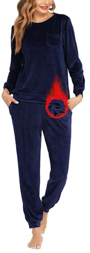 Ekouaer Pigiama da Donna Set Lungo Girocollo Pigiama Invernale in Velluto Caldo Completo da Casa con Tasche Pigiama da Donna Blu Navy XL
