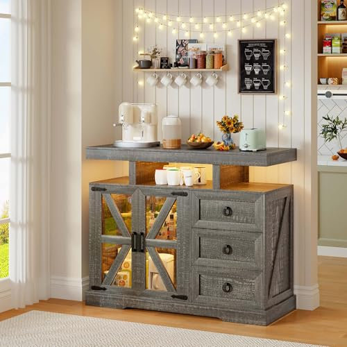 Gurexl LED Sideboard küchenschrank, Landhausstil Buffetschrank Mit Kabelloser Ladestation, Smart Mehrzweckschrank RGB 20-Farben Dimmbares Bücherregal Schlafzimmer