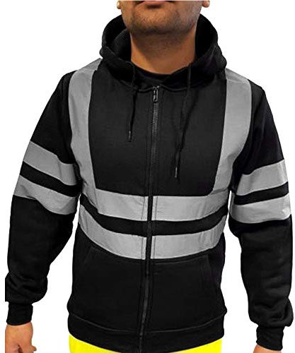 Chaqueta de Seguridad Hombre con Rayas Reflectantes Ropa de Trabajo en la Calle Chaqueta de Trabajo Manga Larga Sudadera con Capucha Sudadera de Advertencia de Alta Visibilidad Cárdigan Color Sólido