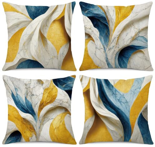 BCKAKQA Throw Pillow Cases 4 Pack 18 x 18 inches Gold Yellow and Blue Cushion Covers 45cm x 45cm Linen Square Modern Abstract Decorative Throw Pillow Covers for Living Room Bedroom Sofa Couch Bed